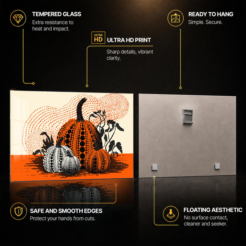 Dotted Harvest Pumpkins — tempered glass, ultra HD print, ready to hang