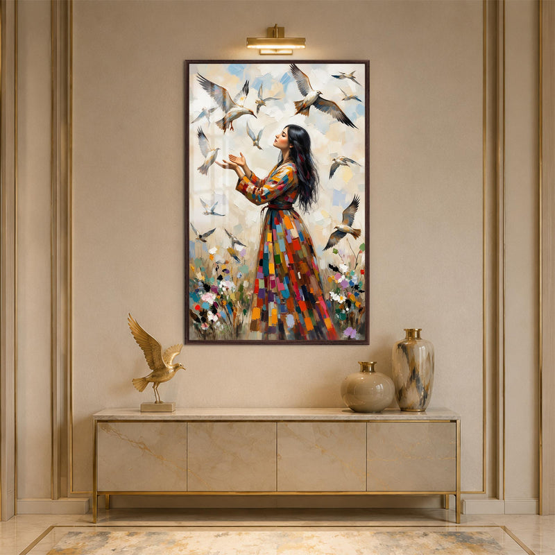 Woman Among Flying Birds with walnut frame