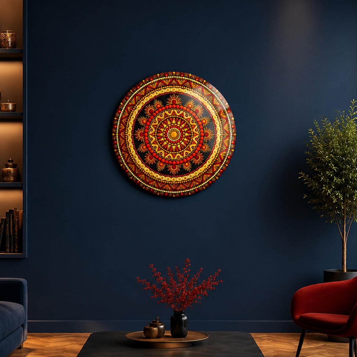 Ember Sun Mandala — tempered glass, ultra HD print, ready to hang