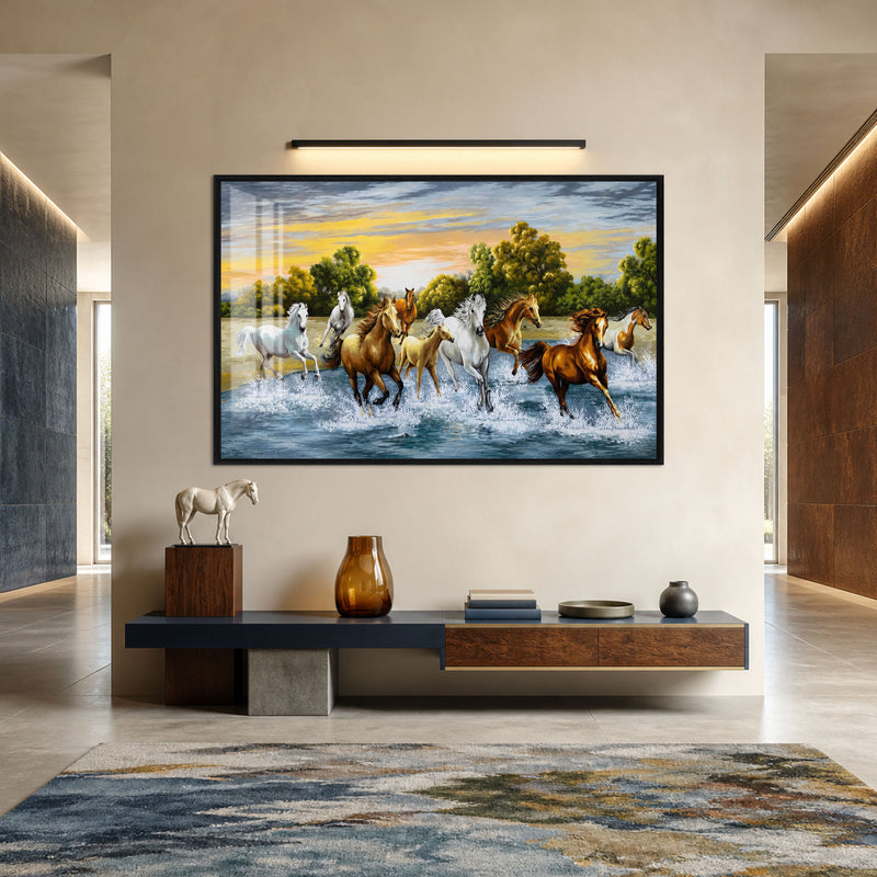 Horses Running Through Water with black frame