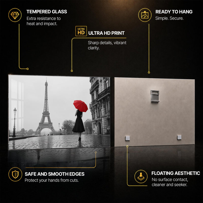 Parisian Red Umbrella — tempered glass, ultra HD print, ready to hang