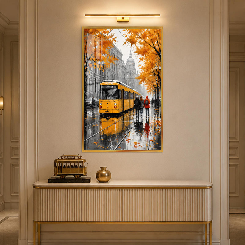 Yellow Tram in Rain with gold frame