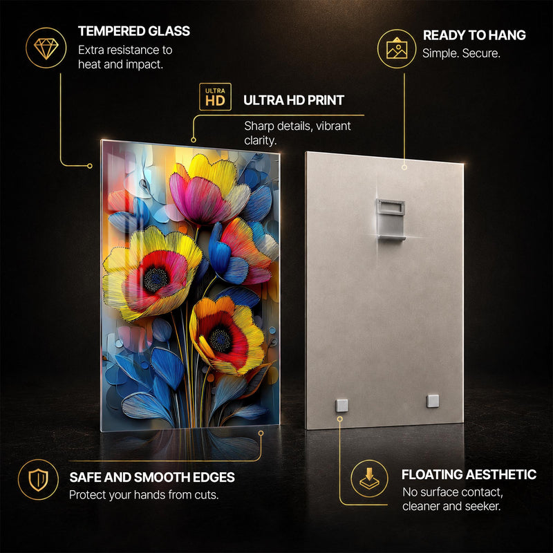 Vibrant Poppy Bouquet — tempered glass, ultra HD print, ready to hang