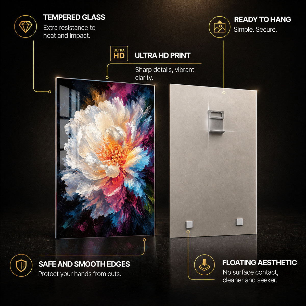 Midnight Peony — tempered glass, ultra HD print, ready to hang