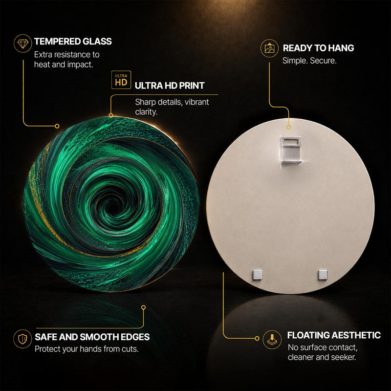 Emerald Vortex — tempered glass, ultra HD print, ready to hang