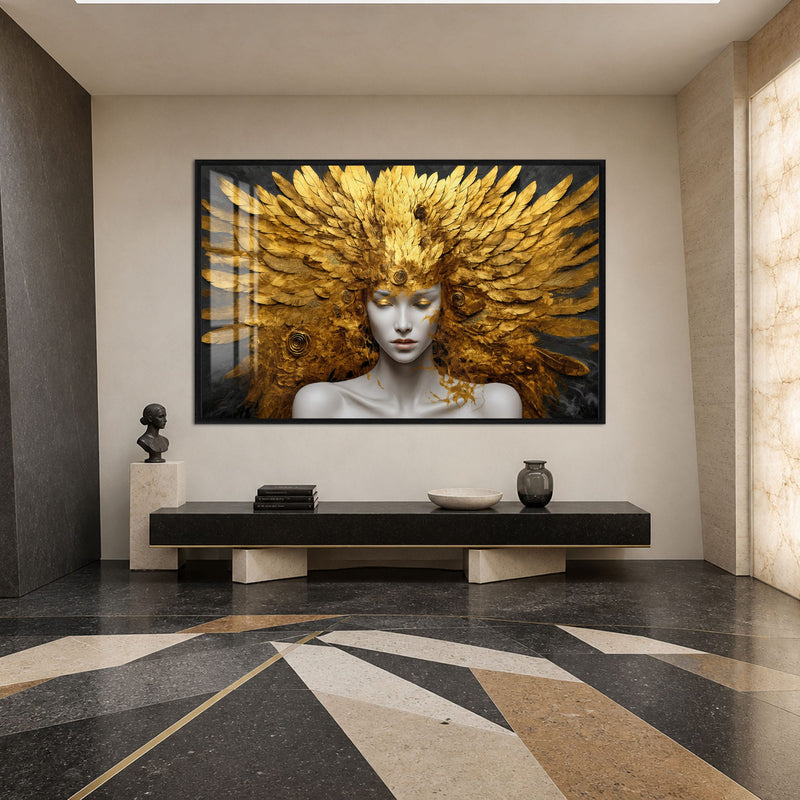 Artronauts Glass Print 18x12 cm | 7.1"x4.7" / Black Golden Feather Goddess Glass Wall Art
