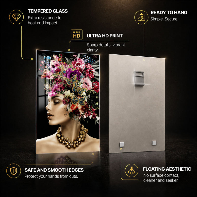 Butterfly Blossom Muse — tempered glass, ultra HD print, ready to hang