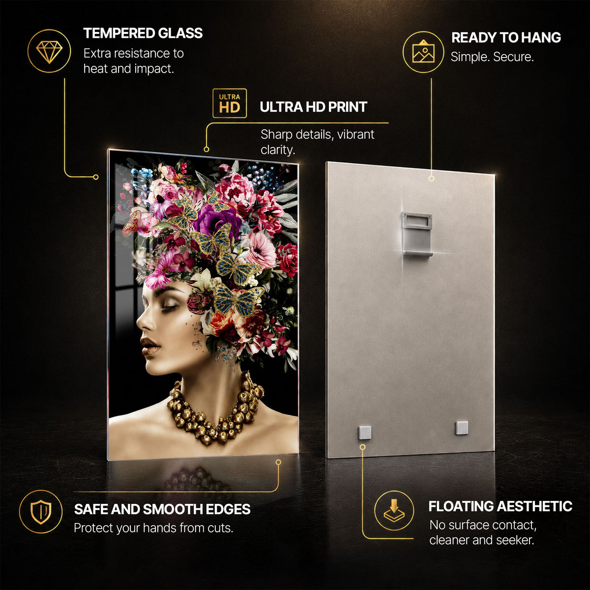 Butterfly Blossom Muse — tempered glass, ultra HD print, ready to hang