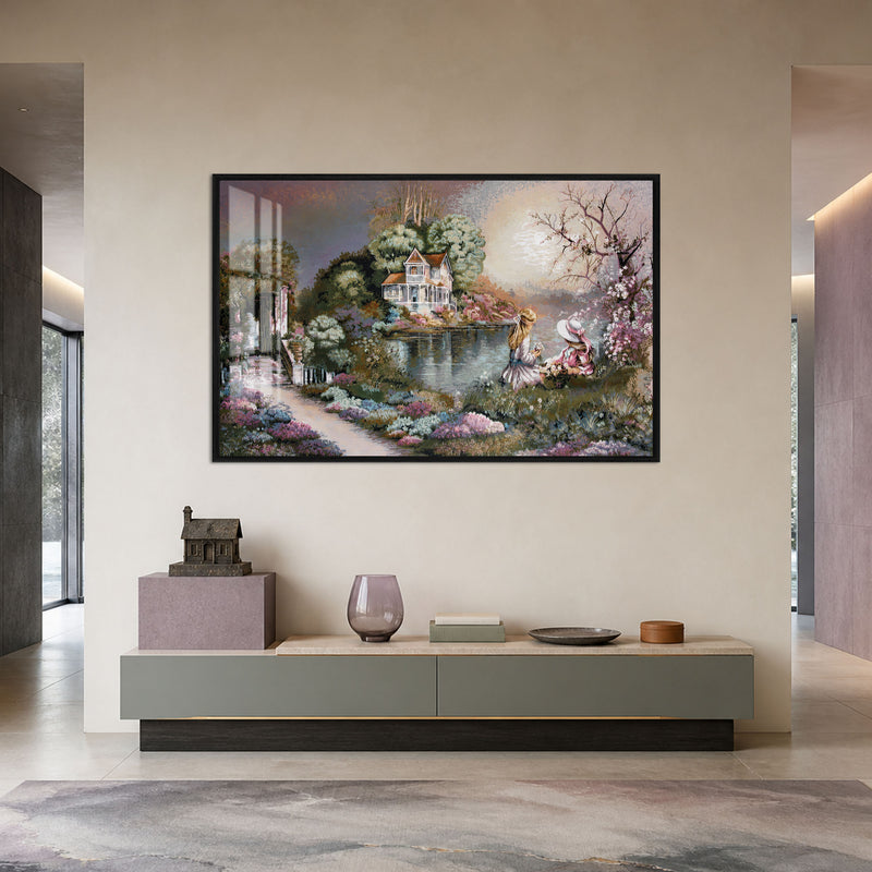 Children by the Victorian Lake House with black frame
