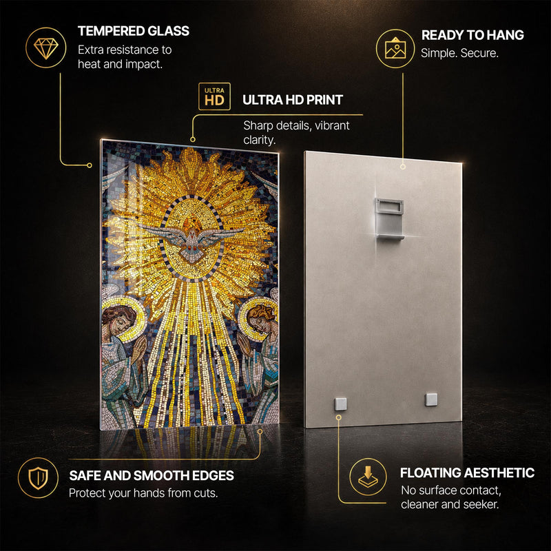 Radiant Holy Spirit — tempered glass, ultra HD print, ready to hang