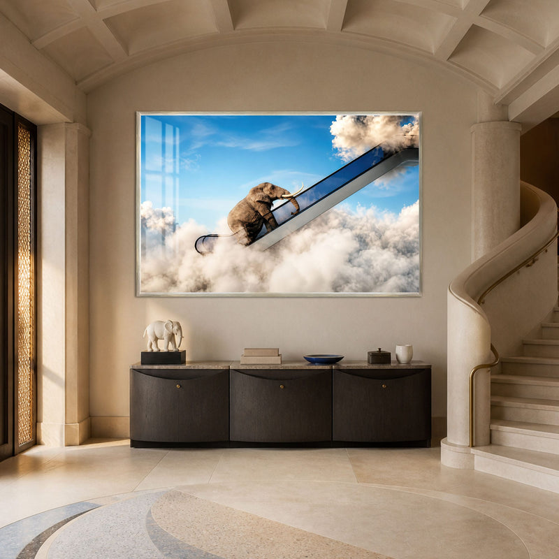 Artronauts Glass Print 18x12 cm | 7.1"x4.7" / Silver Elephant Sky Escalator Glass Wall Art
