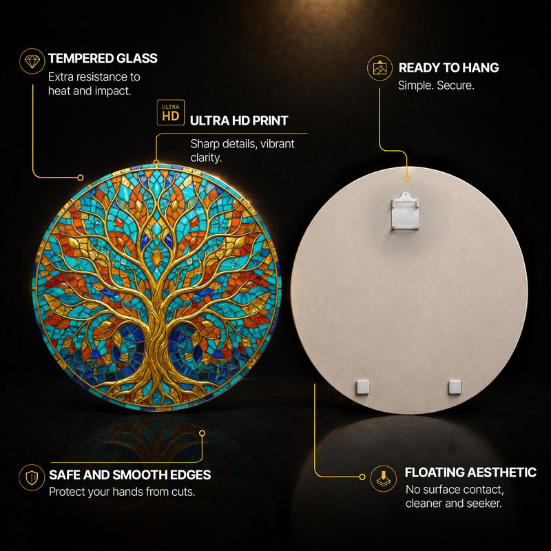 Jewel Mosaic Gold Tree — tempered glass, ultra HD print, ready to hang