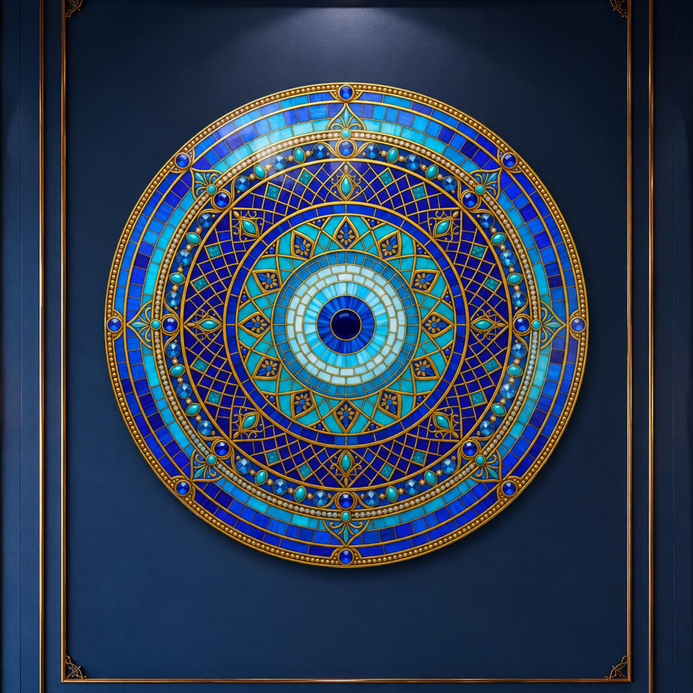 Sapphire Celestial Mandala — tempered glass, ultra HD print, ready to hang