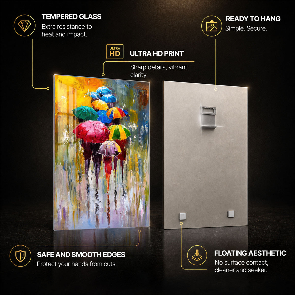 Rainy Day Umbrellas — tempered glass, ultra HD print, ready to hang