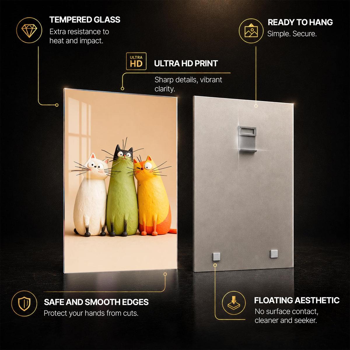 Three Curious Cats — tempered glass, ultra HD print, ready to hang