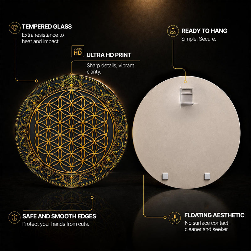 Golden Flower of Life — tempered glass, ultra HD print, ready to hang