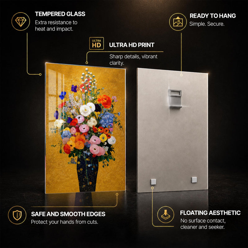 Golden Garden Bouquet — tempered glass, ultra HD print, ready to hang