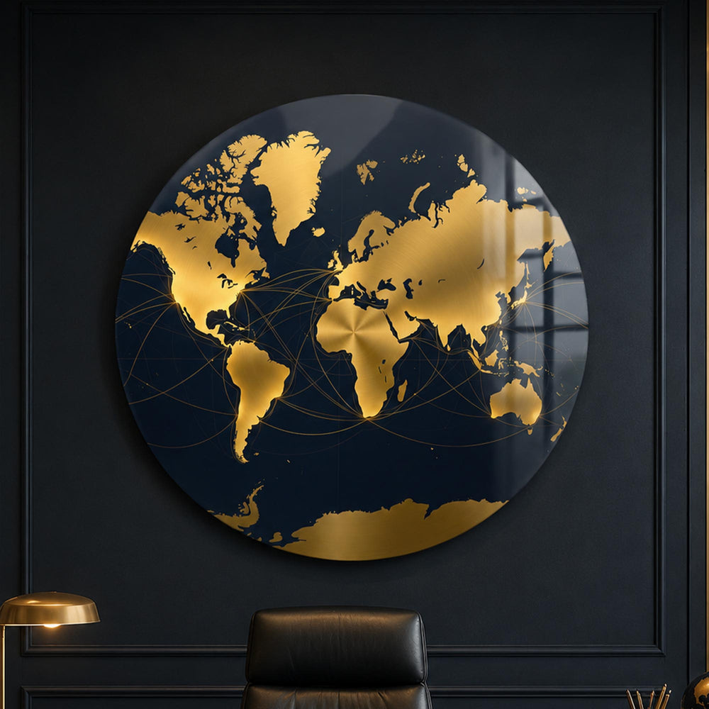 Midnight Gold World Map — tempered glass, ultra HD print, ready to hang
