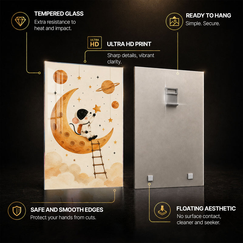 Little Astronaut Space Adventure — tempered glass, ultra HD print, ready to hang