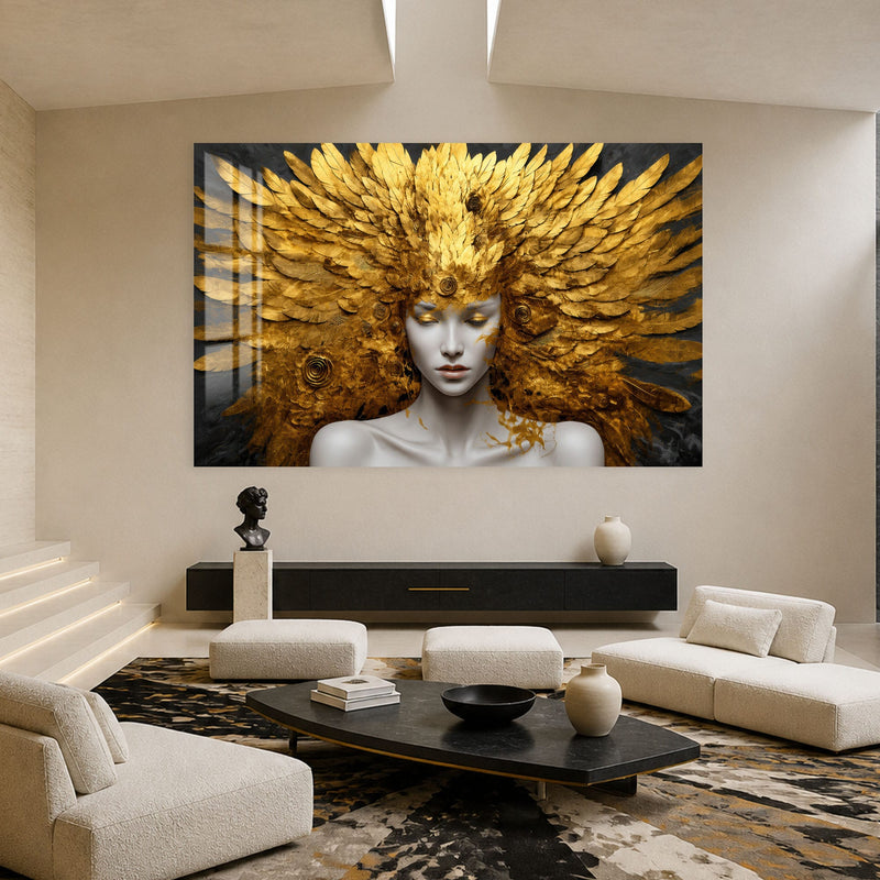 Artronauts Glass Print Golden Feather Goddess Glass Wall Art