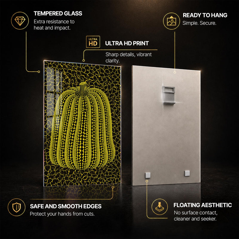 Dotted Golden Pumpkin — tempered glass, ultra HD print, ready to hang