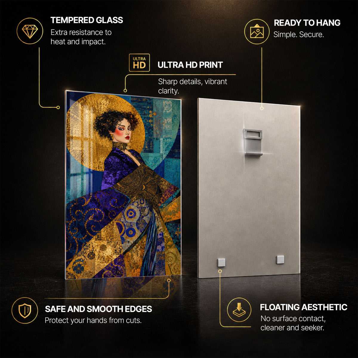 Golden Muse — tempered glass, ultra HD print, ready to hang