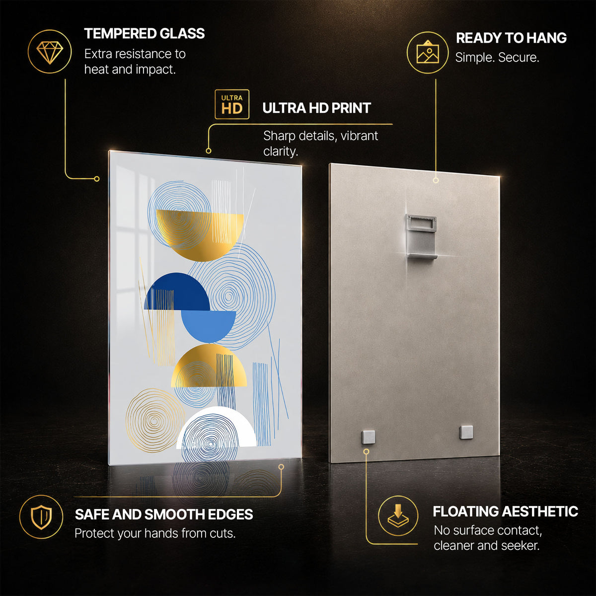 Blue And Gold Rhythm — tempered glass, ultra HD print, ready to hang
