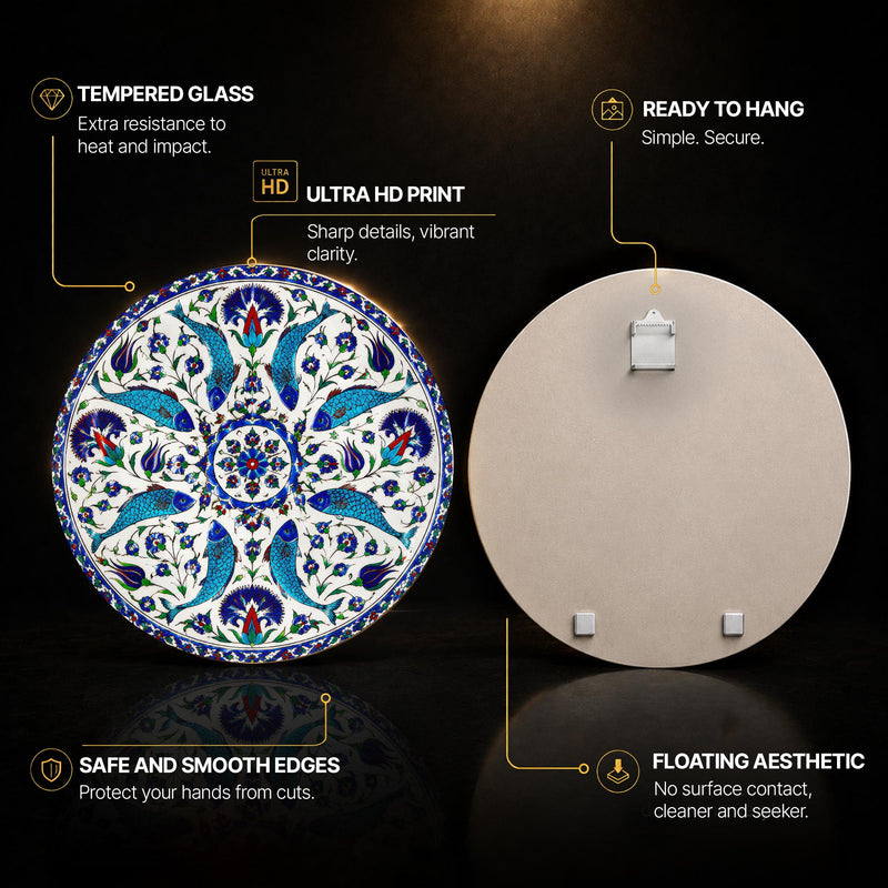 Ottoman Fish Garden — tempered glass, ultra HD print, ready to hang
