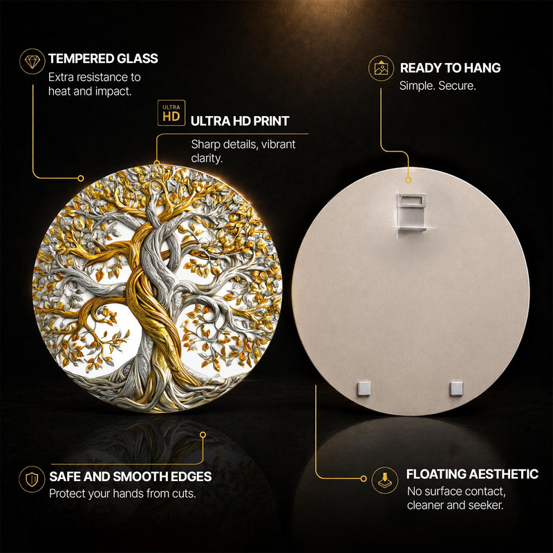 Golden Tree of Life — tempered glass, ultra HD print, ready to hang