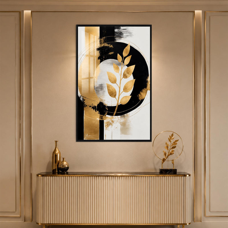 Artronauts Glass Print 12x18 cm | 4.7"x7.1" / Black Golden Leaf Eclipse Glass Wall Art