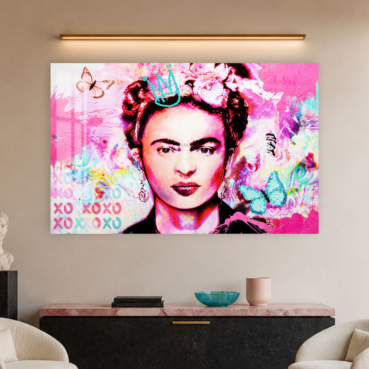 Frida Butterfly Pop Portrait in a modern room