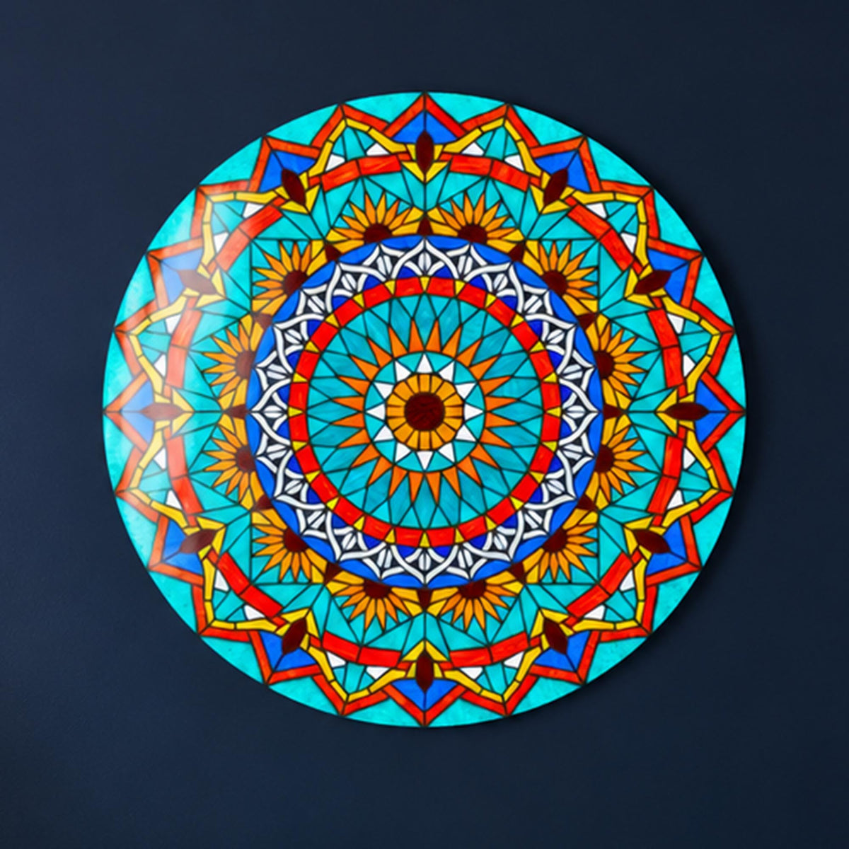 Turquoise Sun Mandala II in a modern room