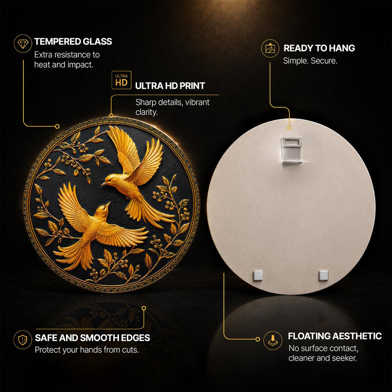 Twin Golden Swallows — tempered glass, ultra HD print, ready to hang