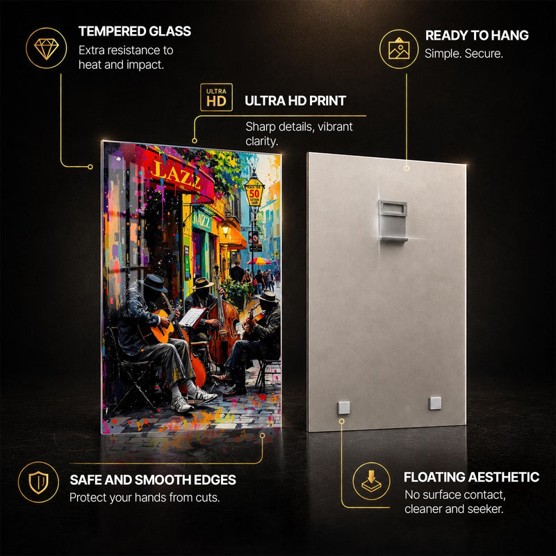 Jazz Street Corner — tempered glass, ultra HD print, ready to hang