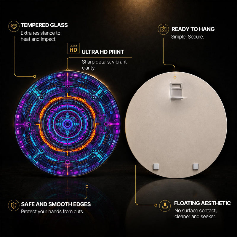 Neon Cyber Mandala — tempered glass, ultra HD print, ready to hang
