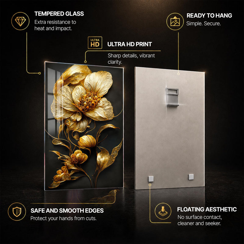 Gilded Midnight Bloom — tempered glass, ultra HD print, ready to hang