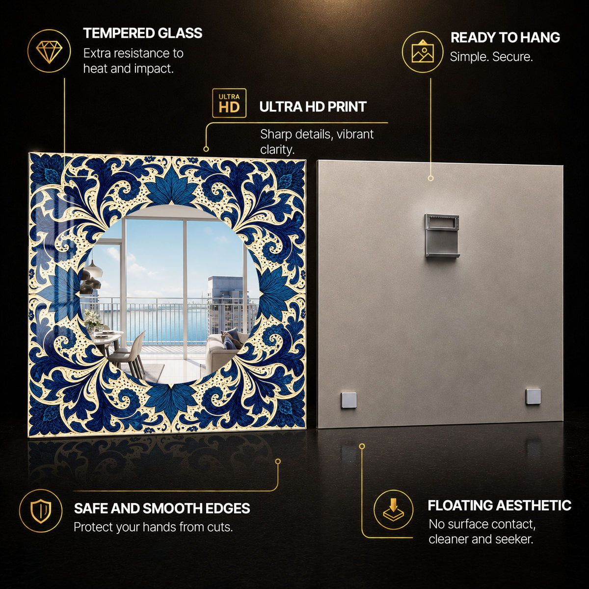 Midnight Floral Scrollwork — tempered glass, ultra HD print, ready to hang