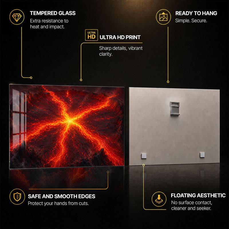 Molten Lava Burst — tempered glass, ultra HD print, ready to hang