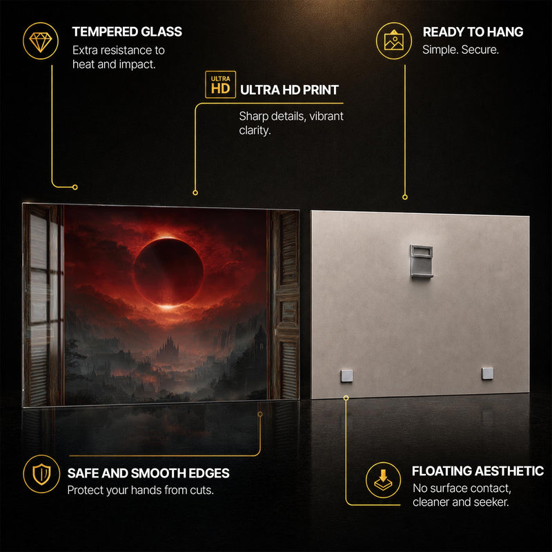 Crimson Eclipse Kingdom — tempered glass, ultra HD print, ready to hang