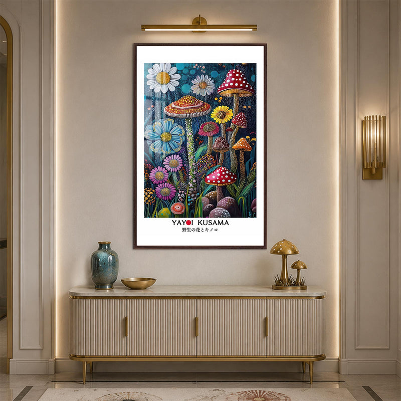 Whimsical Mushroom Garden with walnut frame