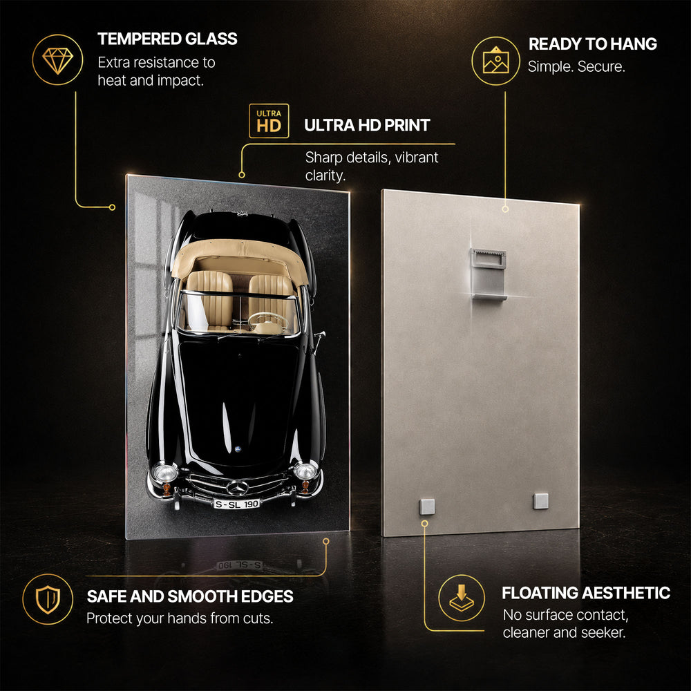 Classic Black Roadster — tempered glass, ultra HD print, ready to hang