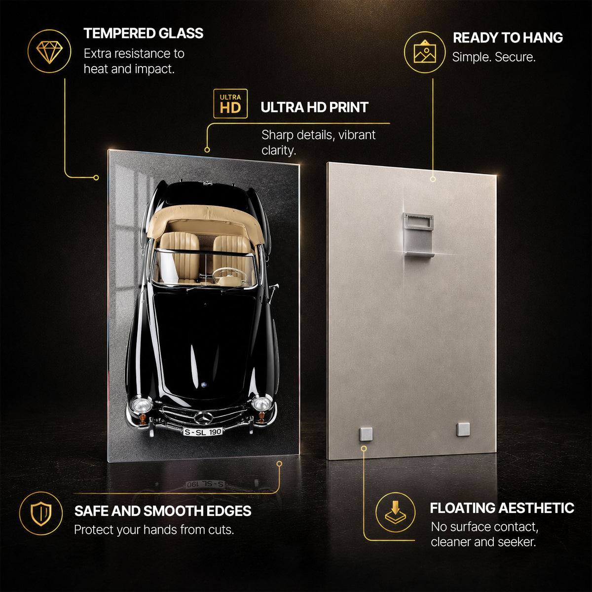 Classic Black Roadster — tempered glass, ultra HD print, ready to hang