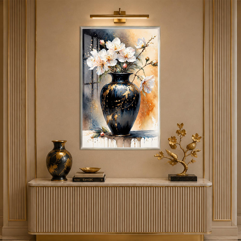 Blossoms in Black Vase with silver frame