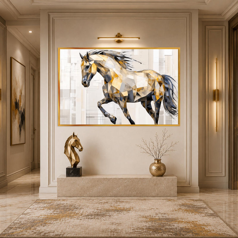 Artronauts Glass Print 18x12 cm | 7.1"x4.7" / Gold Low-Poly Gold Stallion Glass Wall Art