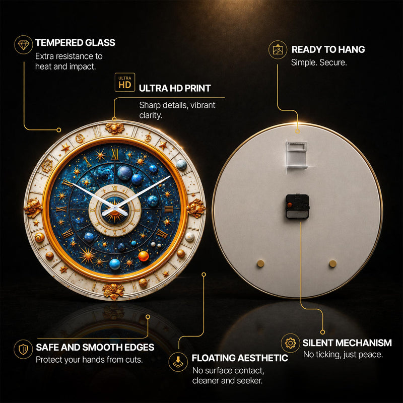 Celestial Orrery — tempered glass, ultra HD print, ready to hang