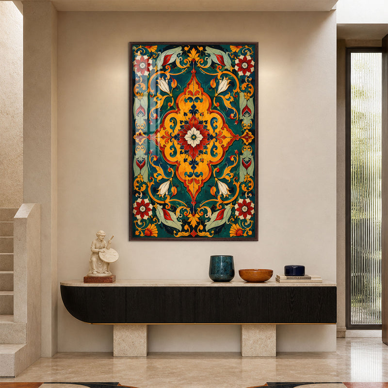 Artronauts Glass Print 12x18 cm | 4.7"x7.1" / Walnut Emerald Floral Medallion Glass Wall Art