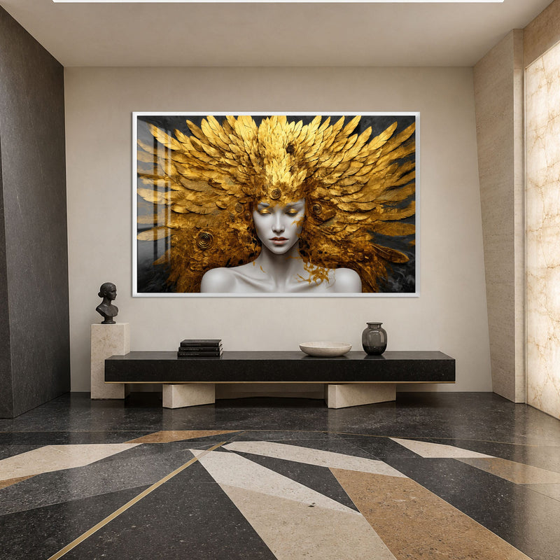 Artronauts Glass Print 18x12 cm | 7.1"x4.7" / White Golden Feather Goddess Glass Wall Art