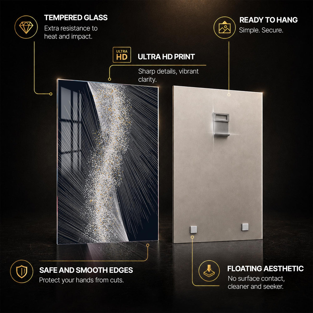 Silver Light Cascade — tempered glass, ultra HD print, ready to hang
