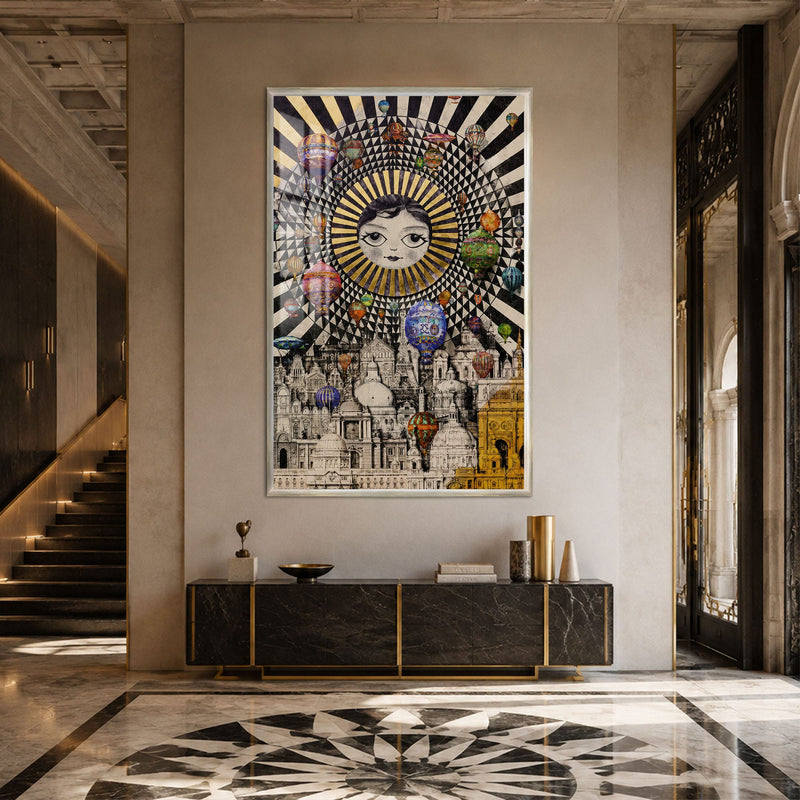Artronauts Glass Print 12x18 cm | 4.7"x7.1" / Silver City Of Floating Dreams Glass Wall Art
