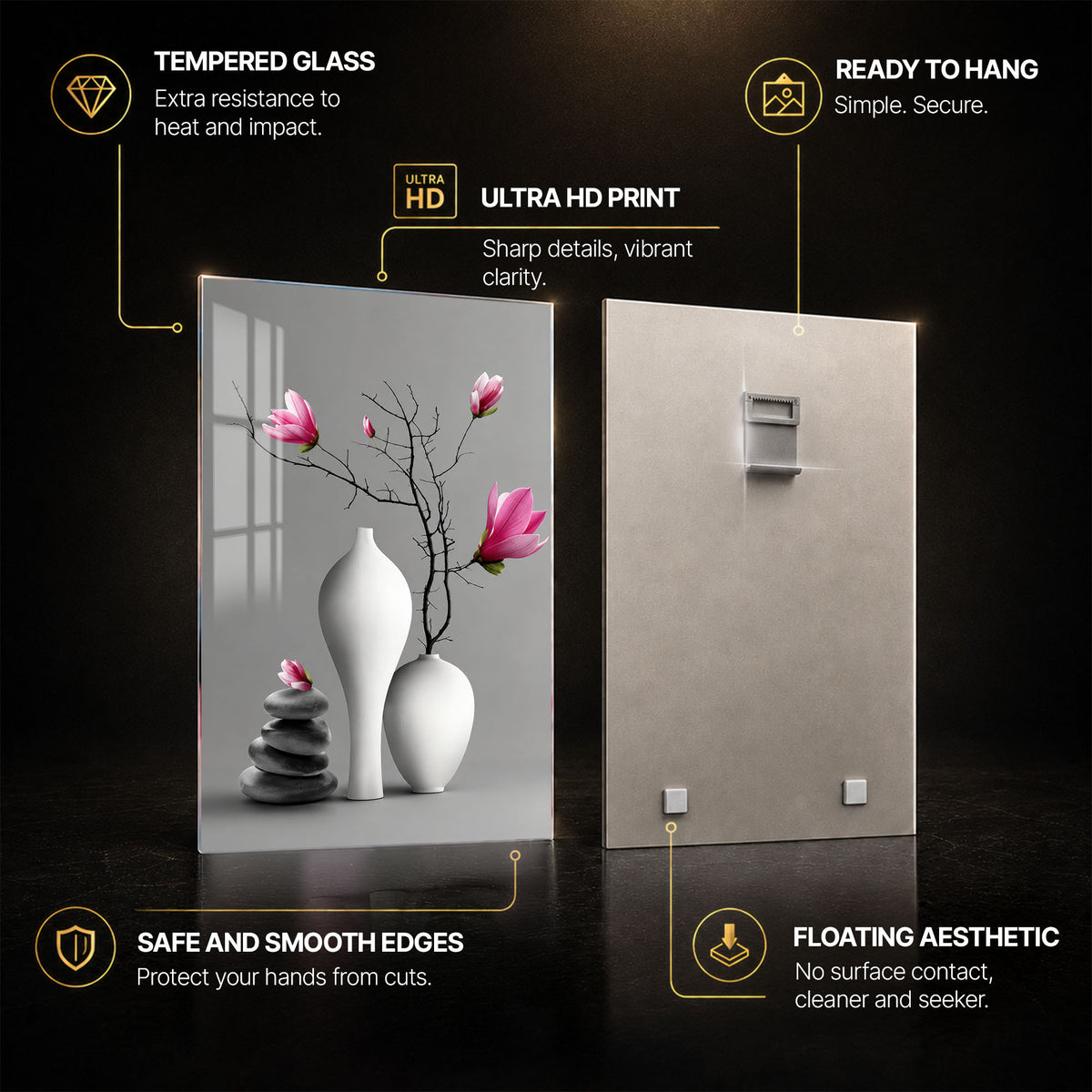 Pink Magnolia Still Life — tempered glass, ultra HD print, ready to hang